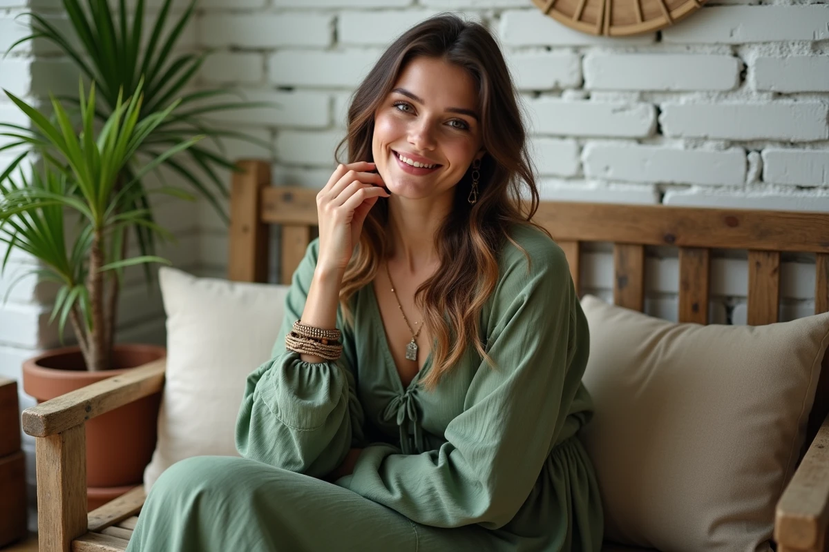 Jeune femme en robe verte bohème assise dans un intérieur chaleureux