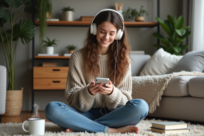 Jeune femme détendue écoute de la musique chez elle
