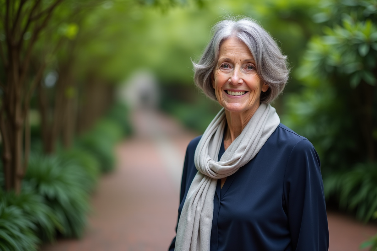 Femme âgée élégante dans un jardin avec chemisier bleu