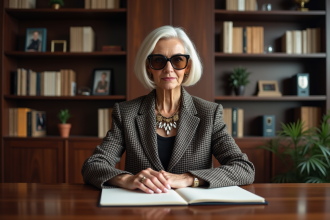 Femme élégante avec lunettes et blazer dans un bureau moderne