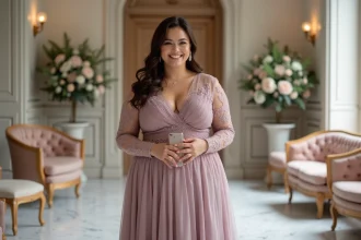 Femme souriante en robe mauve élégante lors d'un mariage