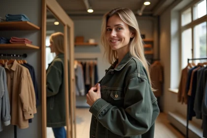 Femme vérifiant la taille d'une veste IKKS devant un miroir en boutique