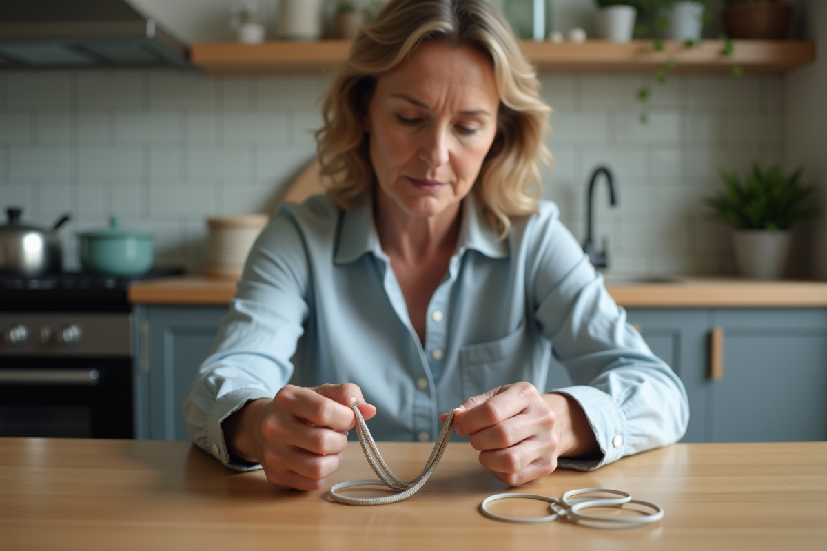 Femme moyenne âge comparant deux elastiques dans la cuisine