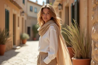 Femme portant un foulard chèche en lin couleur sable dans une ruelle méditerranéenne en pierre