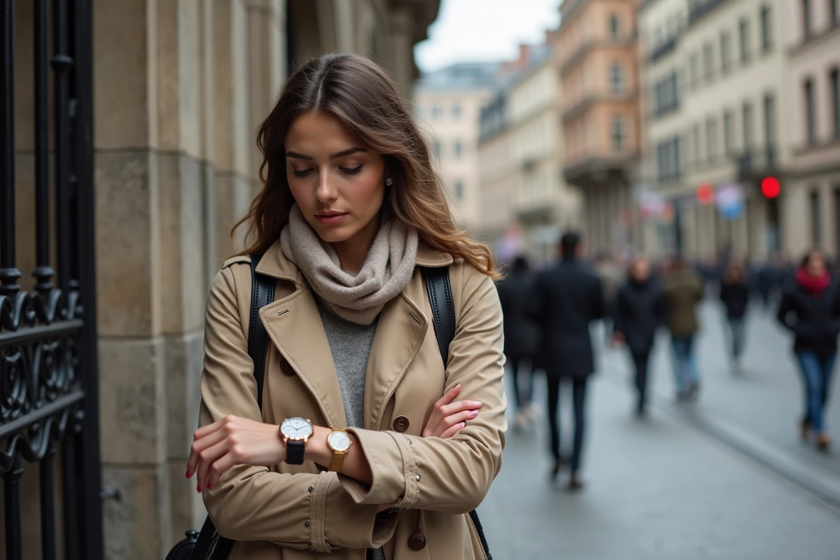 Jeune femme regardant sa montre datjust en se promenant en ville