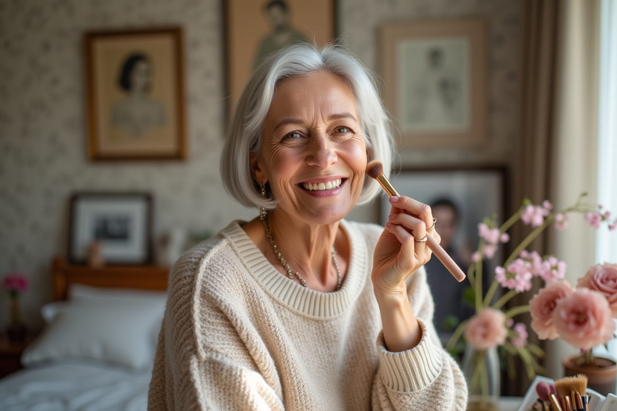 Femme élégante de 60 ans appliquant du blush dans sa chambre
