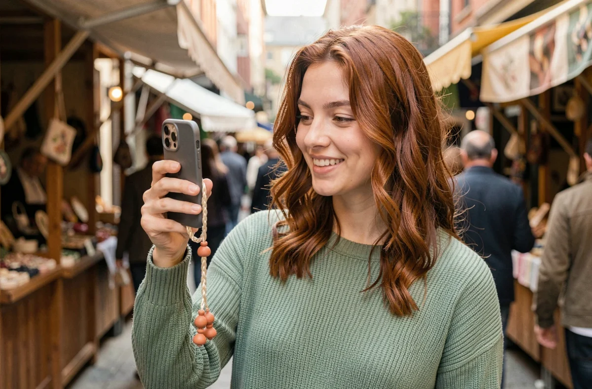 Jeune femme souriante dans un marché artisanal tenant son téléphone orné d'une chaîne artisanale en soie et céramique