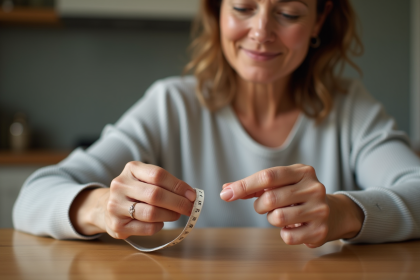 Femme mesurant sa bague avec un ruban à la maison