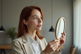 Femme en studio se regardant dans un miroir