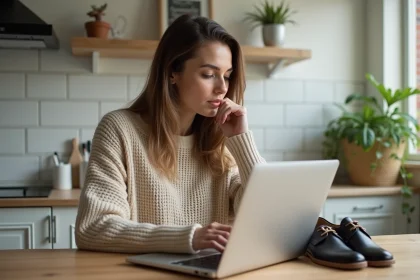 Femme assise à une table de cuisine moderne avec ordinateur et chaussures