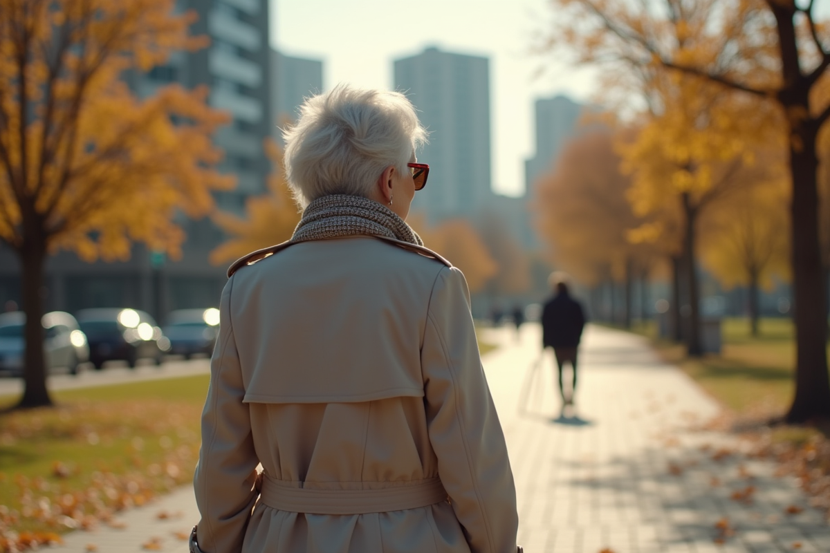 Femme âgée avec trench marche dans un parc en automne