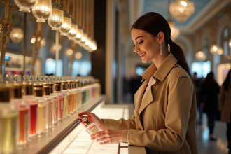 Femme élégante dans un grand magasin parisien avec parfum