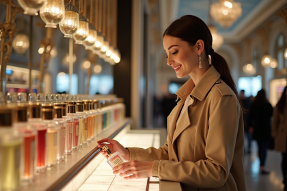 Femme élégante dans un grand magasin parisien avec parfum