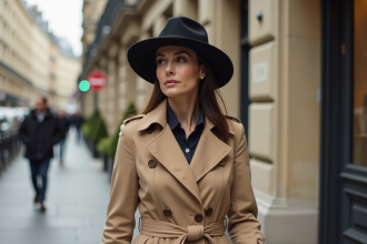 Femme élégante en trench beige et fedora à Paris