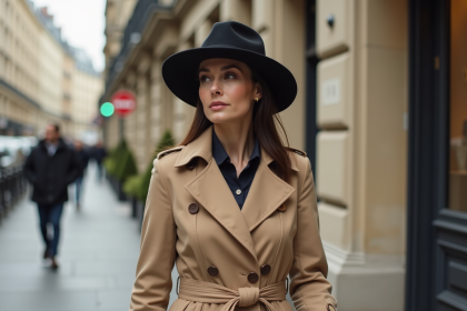 Femme élégante en trench beige et fedora à Paris