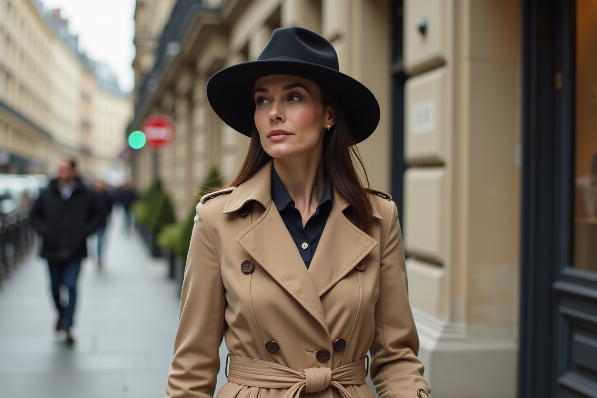 Femme élégante en trench beige et fedora à Paris