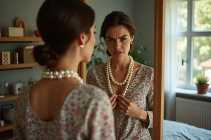 Femme ajustant des perles dans une chambre lumineuse