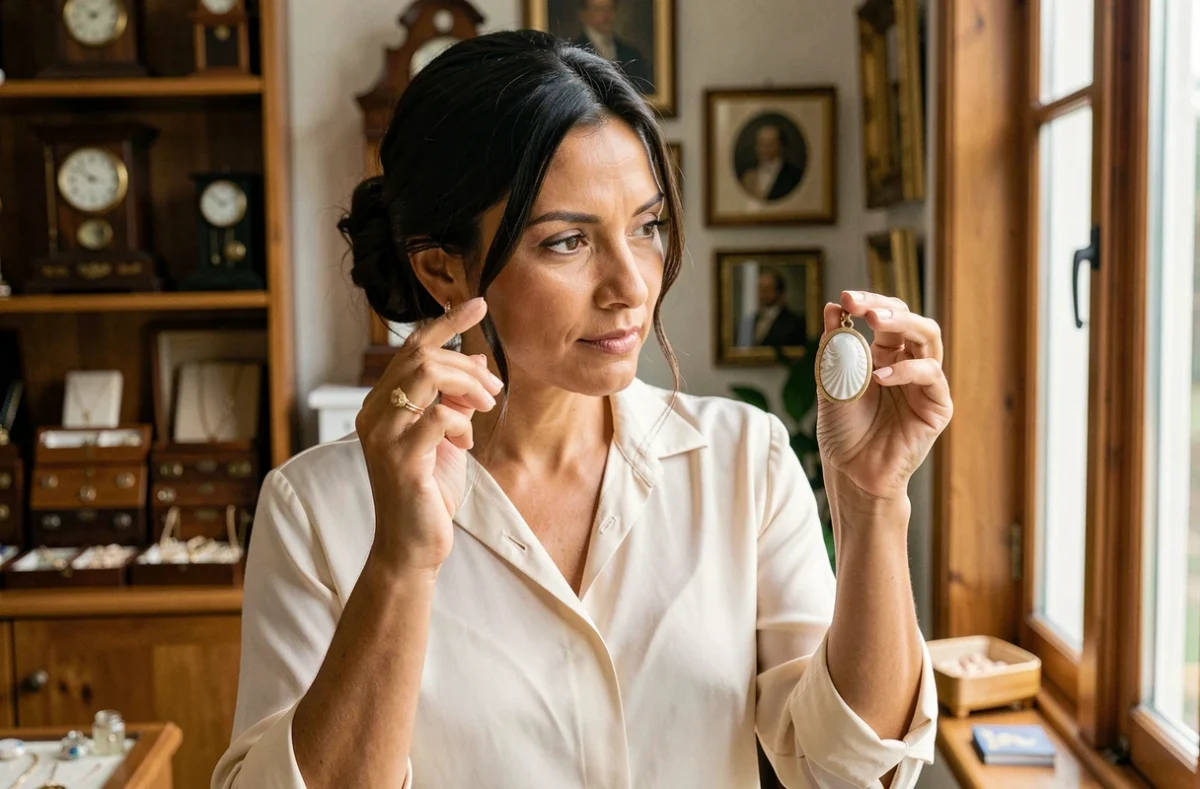 Femme examinant attentivement un pendentif camée en coquillage dans une boutique d'antiquités, illustrant comment reconnaître un vrai bijou camée et son message symbolique
