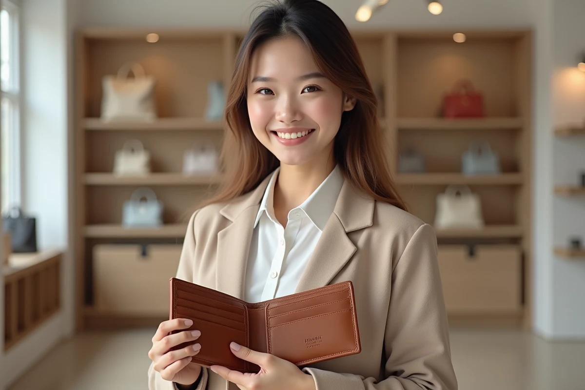 Femme tenant un portefeuille personnalisé ouvert dans une boutique moderne et minimaliste