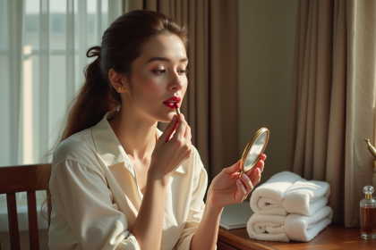 Femme appliquant rouge à lèvres dans une chambre lumineuse