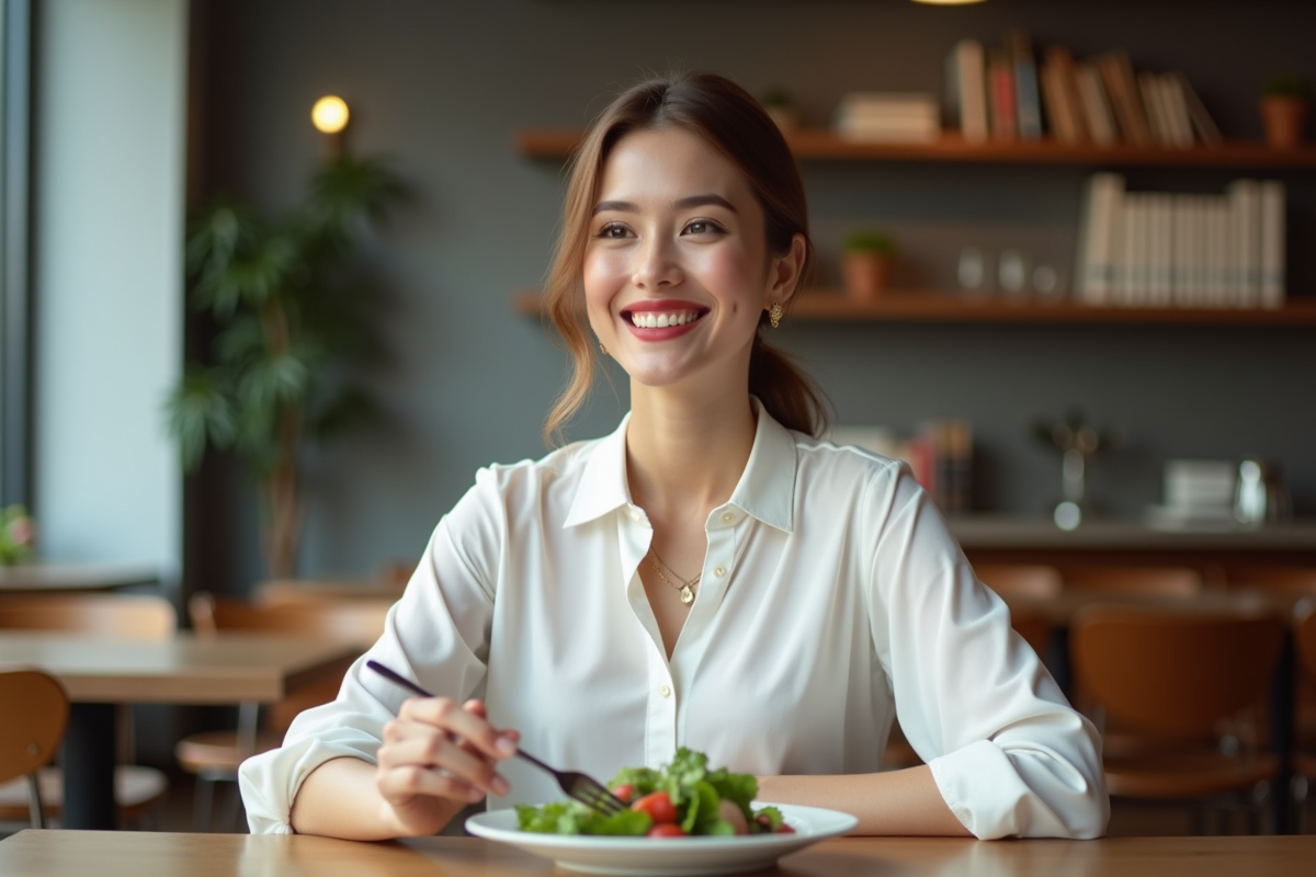 Femme souriante en blouse blanche dans un café moderne