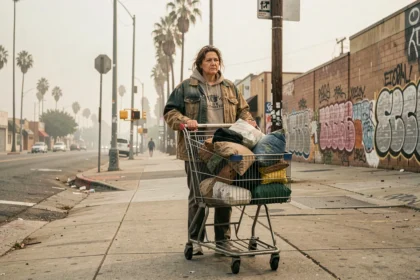 Femme sans-abri poussant un caddie dans une rue urbaine de Los Angeles, illustrant la précarité et l'isolement social