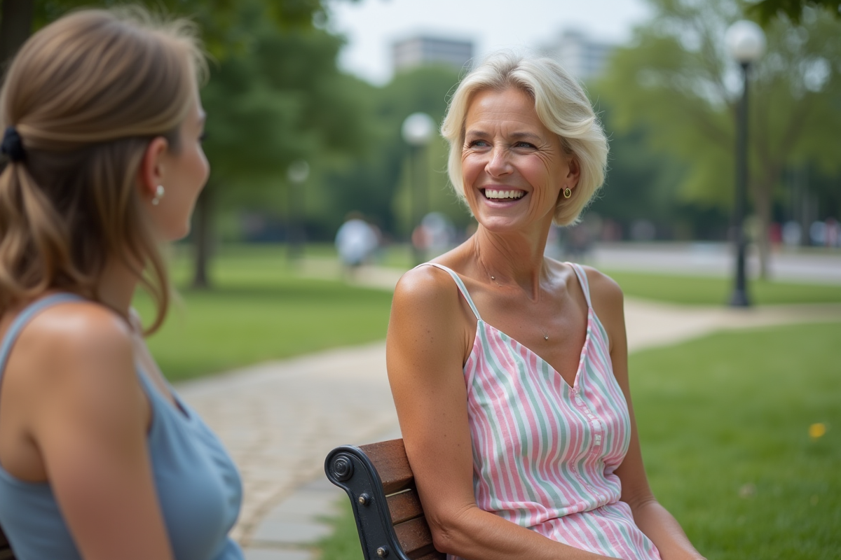 Femme souriante en bandeau dans un parc urbain