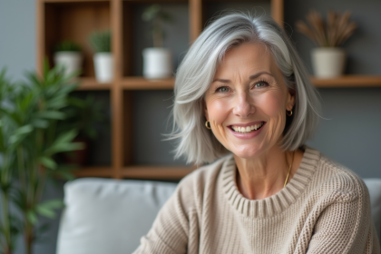 Femme senior souriante avec coupe silver bob en intérieur