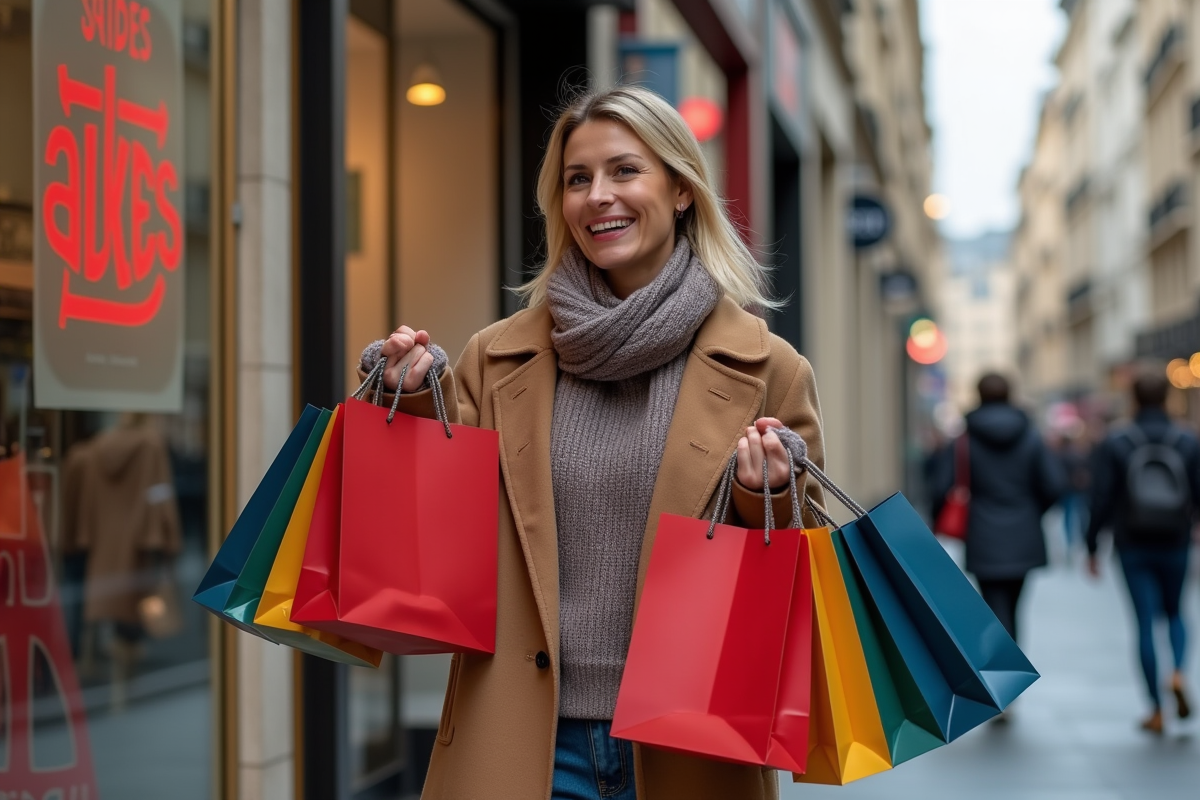 Femme souriante avec sacs de shopping en ville
