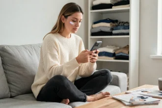Femme parcourant des offres de mode en vente privée sur son smartphone, assise confortablement dans son salon
