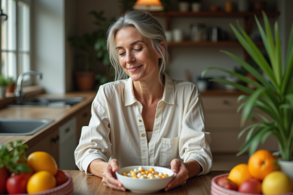 Femme aux soins de peau naturels avec compléments