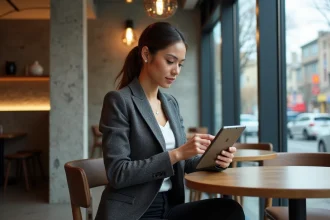Femme élégante consulte tendances sur tablette en café moderne