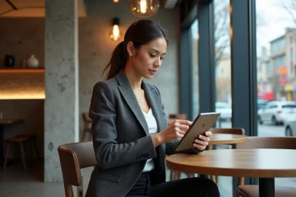 Femme élégante consulte tendances sur tablette en café moderne