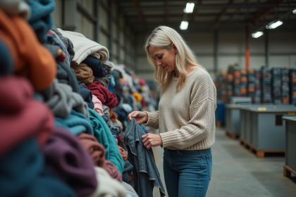 Femme triant des vêtements dans une usine de recyclage textile