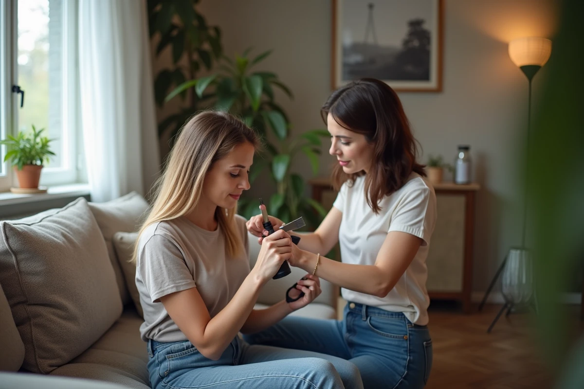 Femme se faisant couper les cheveux par une amie dans le salon