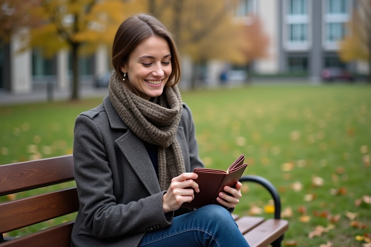 Femme en ville ouvre portefeuille en parc urbain
