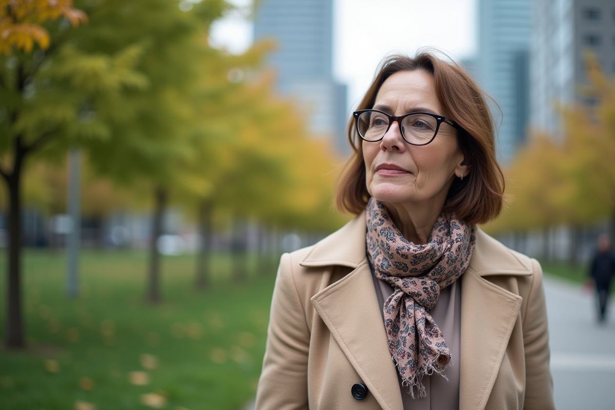 Femme élégante portant des lunettes dans un parc urbain dynamique