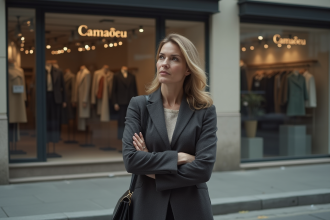 Femme d'âge moyen devant une vitrine vide de magasin de vêtements