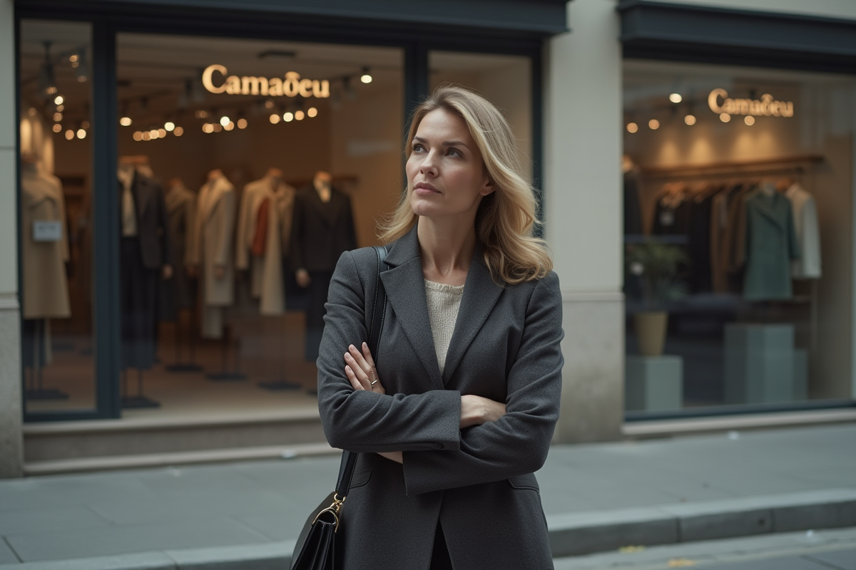 Femme d'âge moyen devant une vitrine vide de magasin de vêtements