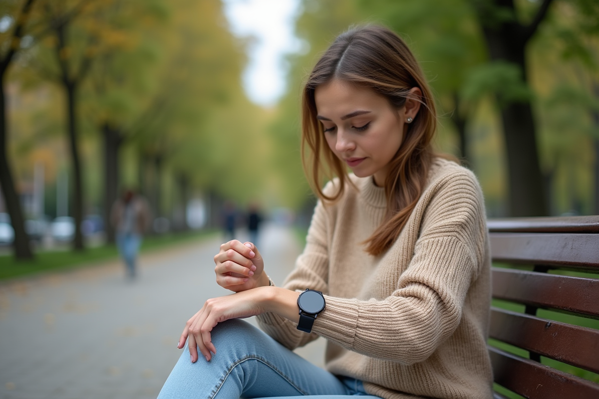 Jeune femme regardant sa montre en plein air dans un parc