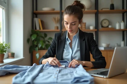 Jeune femme vérifiant une étiquette de sécurité sur un vêtement