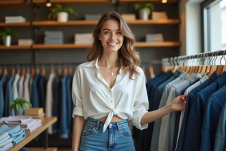 Femme en jeans et blouse dans une boutique moderne