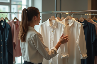 Femme dans un magasin de vêtements regardant dans un miroir avec deux chemises