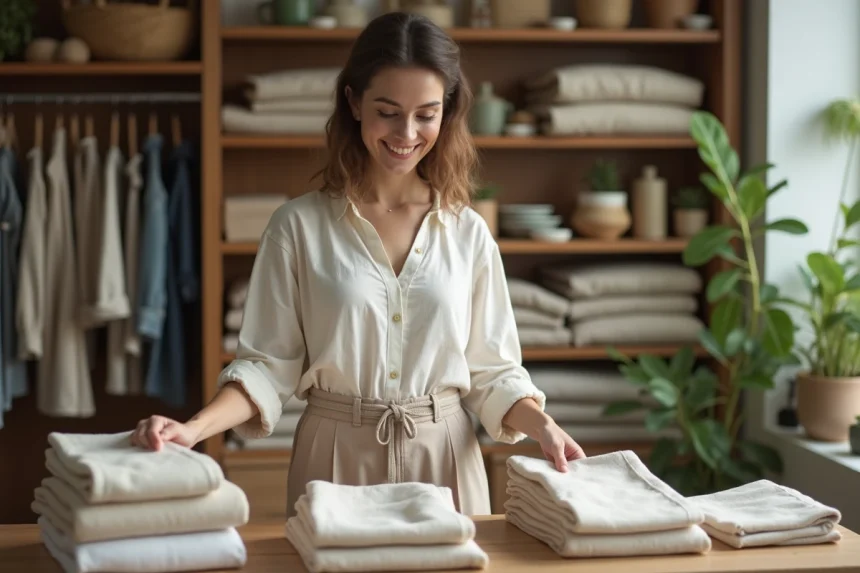 Femme souriante dans une boutique écologique avec vêtements en fibres naturelles