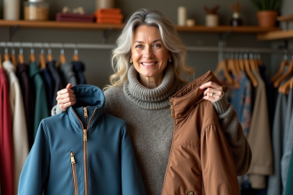 Femme d'âge moyen compare deux vestes avec zippers