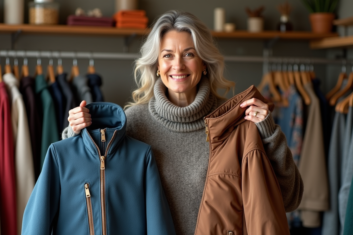 Femme d'âge moyen compare deux vestes avec zippers