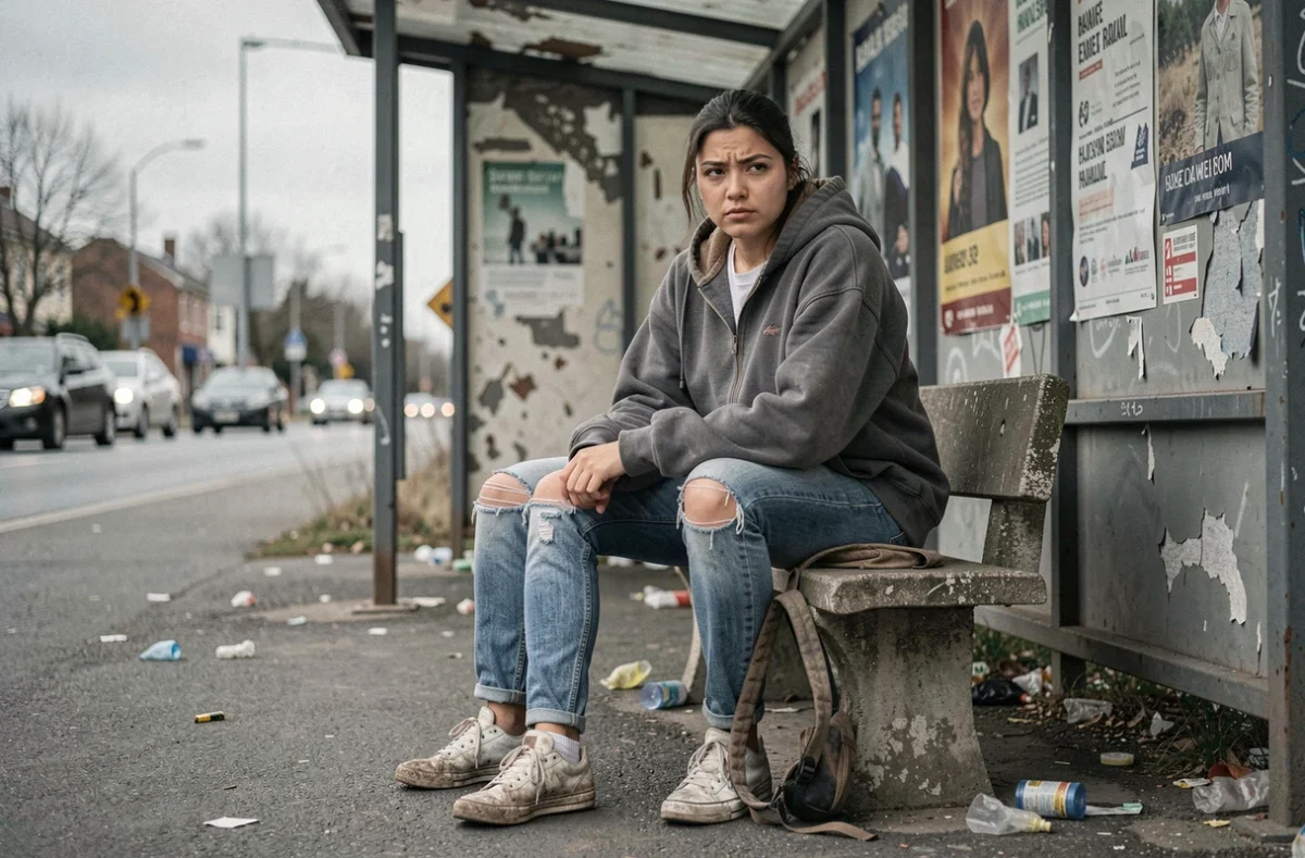 Femme en situation de détresse assise seule à un arrêt de bus, illustrant la vulnérabilité et l'abandon social