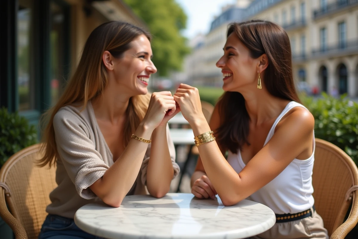 Deux amies partageant un moment émouvant autour d'un bracelet en or gravé personnalisé en terrasse