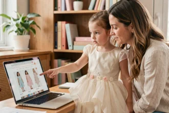 Jeune fille en robe princesse ivoire devant un ordinateur portable avec sa mère pour acheter en ligne