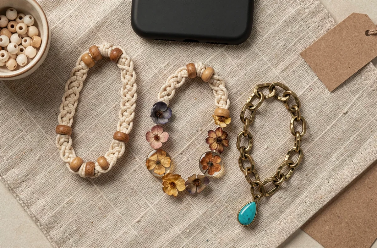 Trois chaînes de téléphone artisanales disposées en flat lay sur lin ivoire, montrant différents styles de fabrication